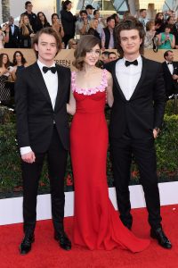 LOS ANGELES, CA - JANUARY 29: (L-R) Actors Charlie Heaton, Natalia Dyer and Joe Keery attend the 23rd Annual Screen Actors Guild Awards at The Shrine Expo Hall on January 29, 2017 in Los Angeles, California. (Photo by Jeff Kravitz/FilmMagic)