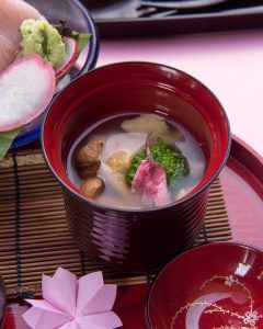 Yamazato_Spring Lunch Gozen 2017_Shrimp dumpling with rape seed and sakura blossom soup