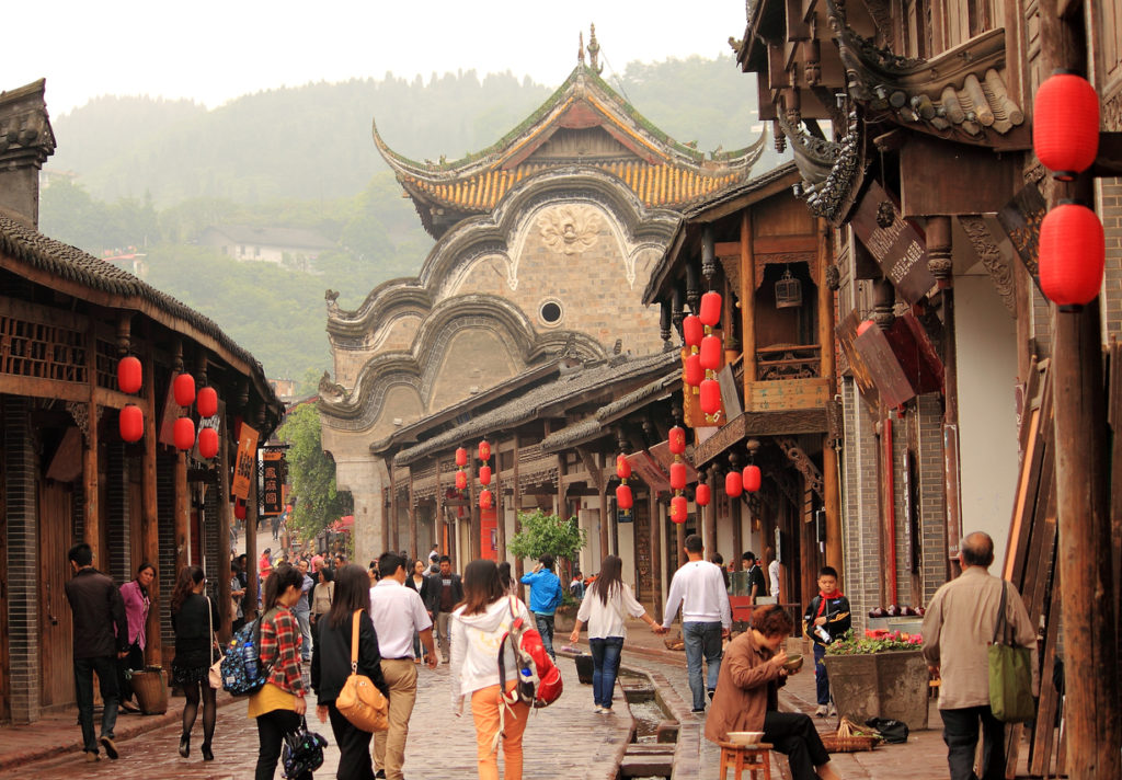 Chengdu, China - May 03 2012: Tourists enjoying the ancient Town Luodai